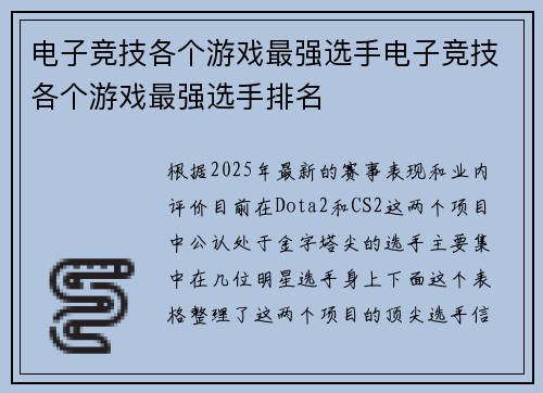 电子竞技各个游戏最强选手电子竞技各个游戏最强选手排名